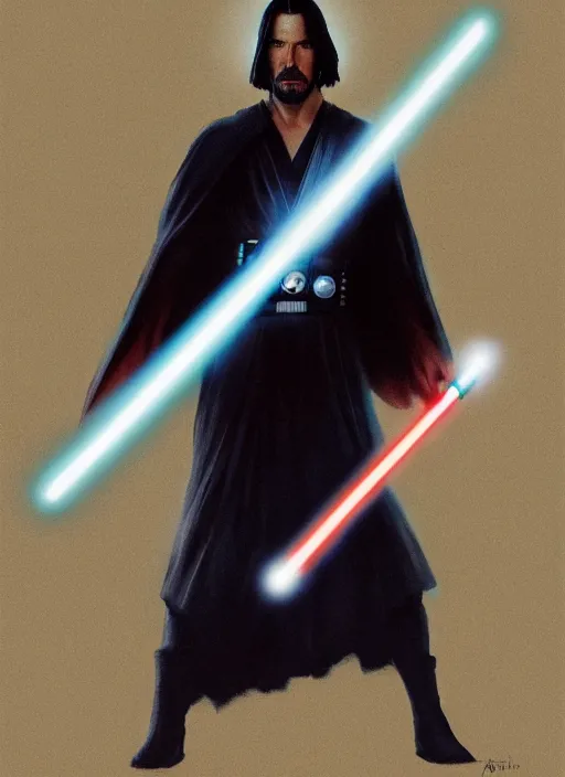 Prompt: a jedi holding a lightsaber, keanu reeves, greg rutkowski, 8 k, shallow depth of field, intricate detail, concept art,