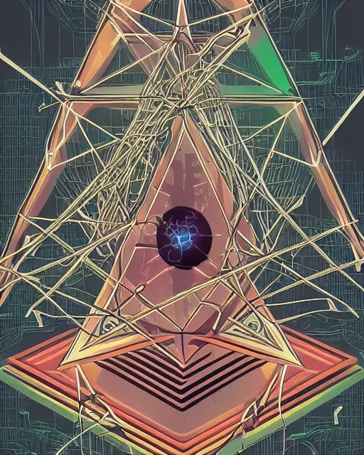 Image similar to eldritch being intertwined with technology, robotic eye, pyramid symbol, paranoia, wires, occult symbols, cyberpunk, digital art, very detailed, colored, clean lines