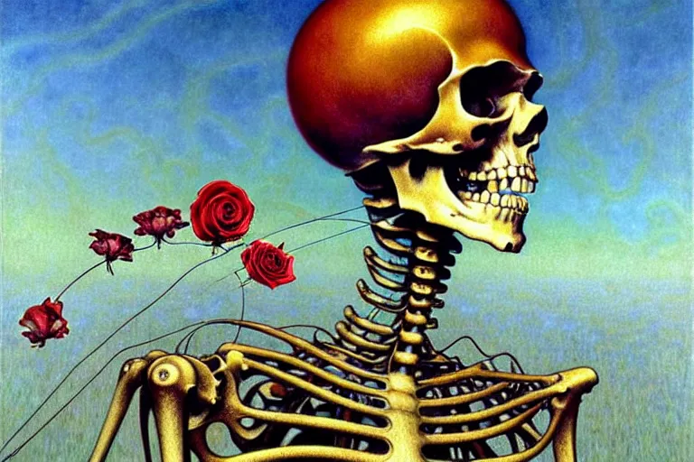 Image similar to realistic detailed portrait painting of a skeleton with a single rose wearing sci-fi helmet in a dystopian landscape by Jean Delville, Amano, Yves Tanguy, Alphonse Mucha, Ernst Haeckel, Edward Robert Hughes, Roger Dean, rich moody colours, blue eyes