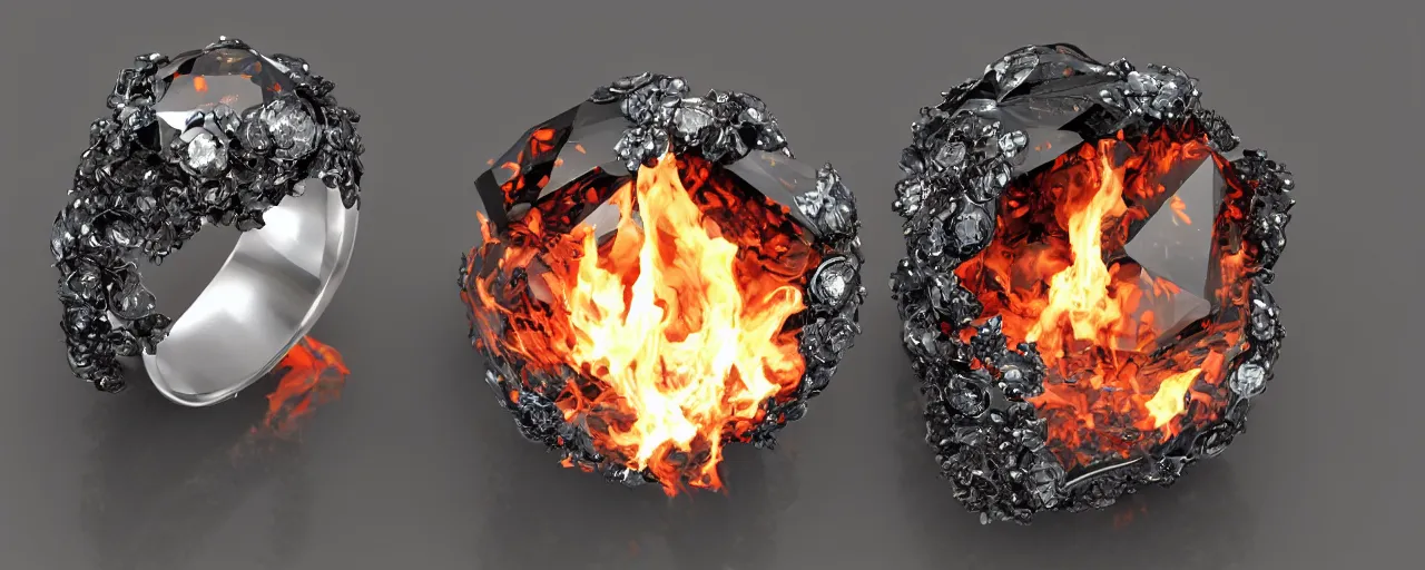 Image similar to black magic crystal ring, fire, flame, ashes, smooth, crystal, engravings, diamonds, product design, jewelry, colorful, art by gerald brom, greg rutkowski and artgerm, photo realism, unreal engine, c 4 d