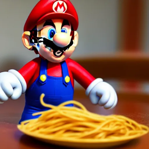 Image similar to photo of super mario sitting at a table eating spaghetti, highly detailed, extremely high quality, hd, 4 k, 8 k, canon 3 0 0 mm, professional photographer, 4 0 mp, lifelike, top - rated, award winning, realistic, detailed lighting, detailed shadows, sharp, no blur, edited, corrected, trending