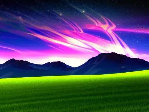 Image similar to windows xp wallpaper, retrowave style, starry sky, 4 k