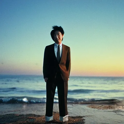 Image similar to a japanese man wearing a beige suit and black pants standing in the ocean, sunset, night, wide shot, tatsuro yamashita, album cover, 1981, grammy award winning