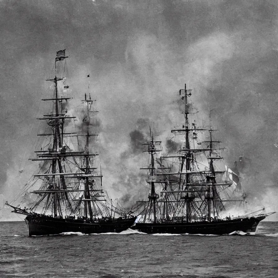 Image similar to the bluenose schooner is being attacked by an american battleship. photograph from life magazine