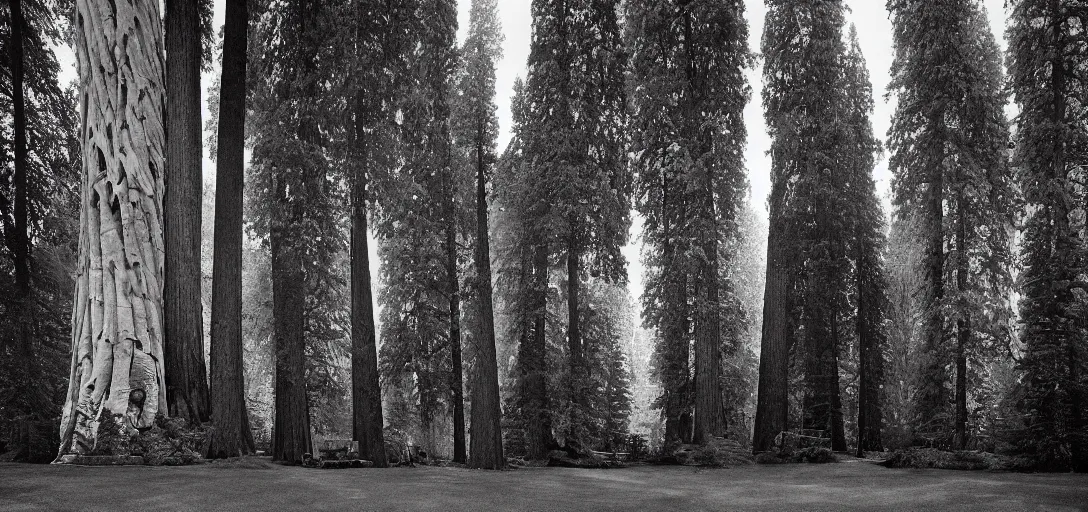 Image similar to house built into and inside a single giant sequoia surrounded by grove of dead birches. photograph by jerry uelsmann. fujinon premista 1 9 - 4 5 mm t 2. 9. portra 8 0 0.