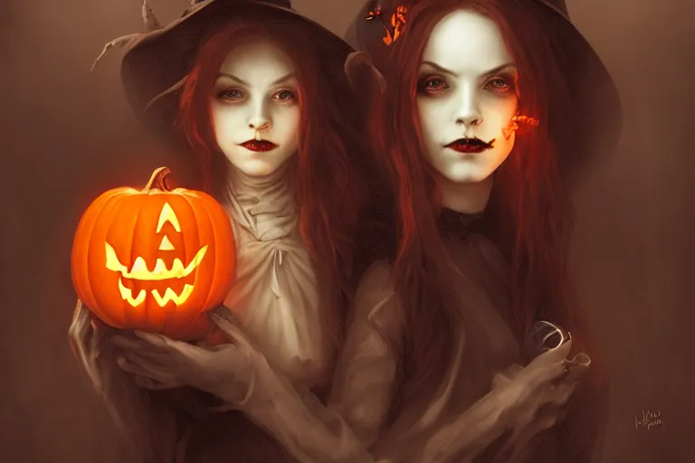 Image similar to portrait of a ghoulish victorian witch holding a jack - o - lantern, halloween night, charlie bowater, artgerm, ilya kuvshinov, krenz cushart, ruan jia, realism, ultra detailed, 8 k resolution