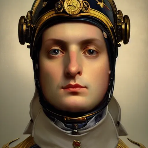 Prompt: portrait of divine emperor napoleon bonaparte, fighter pilot, glass visor, oxygen, handsome, tall, dieselpunk steampunk napoleonic french baroque, metal shoulder pauldrons, intricate, highly detailed, digital painting, artstation, concept art, sharp focus, cinematic lighting, illustration, art by artgerm and greg rutkowski, alphonse mucha, cgsociety