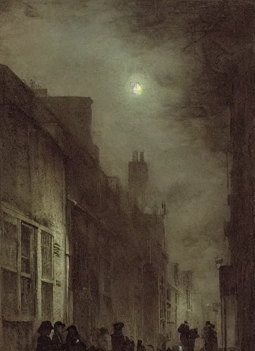 Image similar to 1 9 th century london, shady alleys, pub, thick fog, coherent composition art by caspar david friedrich, thomas lawrence, john martin