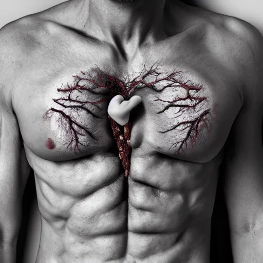 Prompt: A man looking down at a heart-shaped hole in his chest, revealing veins and organs, hyperdetailed, hyperrealism, moody, gloomy