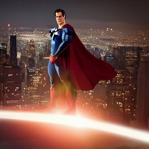 Image similar to Incredible cinematic realistic image of Henry Cavill dressing up the cape as Superman at top of empire state fighting a giant kaiju, destruction over new york, hyper real, intrincate, cinematic global ilumination, dawn, lens flare