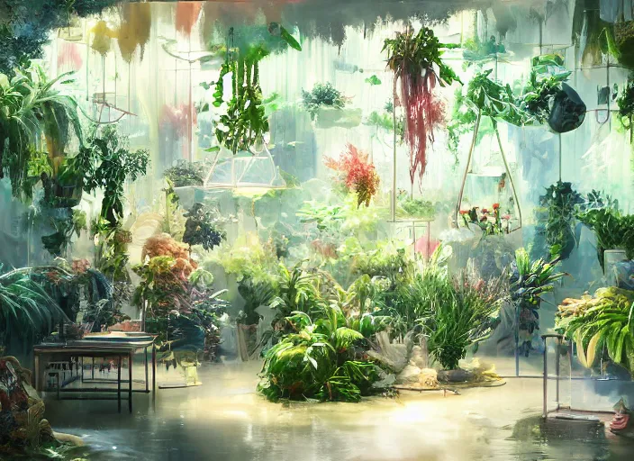 Image similar to clean neat clarity professional visual development set design, messy cozy store with hanging cages and bright aquariums, ferns and foliage, dim painterly lighting volumetric aquatics, impasto, trending on pixiv