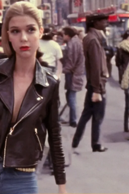 Image similar to attractive young woman, center focus, wearing leather jacket, in city street, film still from martin scorcese's taxi driver ( 1 9 7 6 )