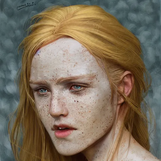 Image similar to an portrait of an happy female celt, blonde hair, lip scar, freckles, detailed, centered, digital painting, artstation, concept art, donato giancola, Joseph Christian Leyendecker, WLOP, Boris Vallejo, Breathtaking, 8k resolution, extremely detailed, beautiful, establishing shot, artistic, hyperrealistic, beautiful face, octane render