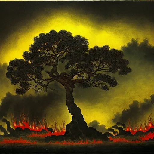 Prompt: a surrealist painting of a dark forest of japanese bonsai trees on fire!!, large red flames towering over the forest and bonsai trees, thick black smoke billowing in the sky, people standing around screening and running, ominous, in the style of francisco goya