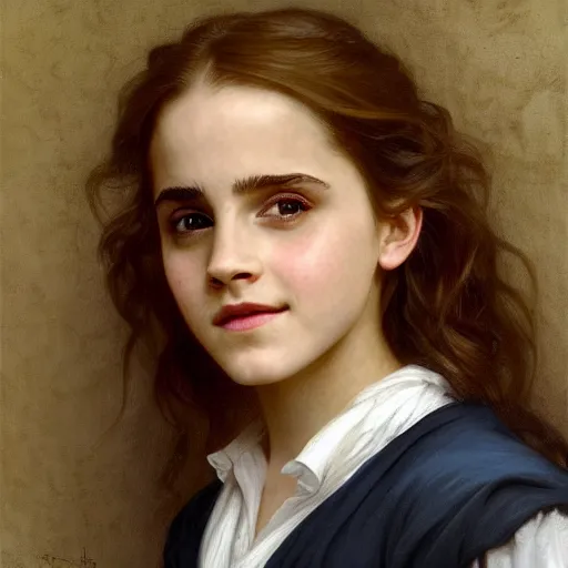 Prompt: Painting of Emma Watson as Hermione Granger. Young. Smiling. Happy. Cheerful. Prisoner of Azkaban. Art by william adolphe bouguereau. Extremely detailed. Beautiful. 4K. Award winning.