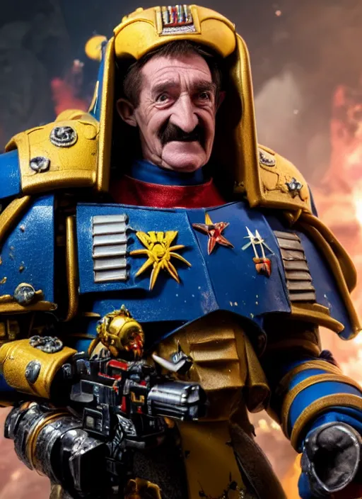 Image similar to Barry Chuckle as a Warhammer 40K Space Marine, movie still, cinematic lighting, dramatic, octane render, long lens, shallow depth of field, 8k, hyper detailed, 35mm film grain