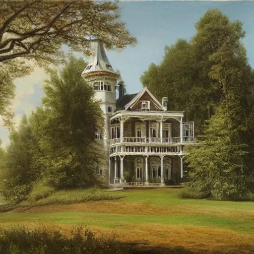 Image similar to Victorian mansion in the woods of Maine, a lake beside it, felix Kelly