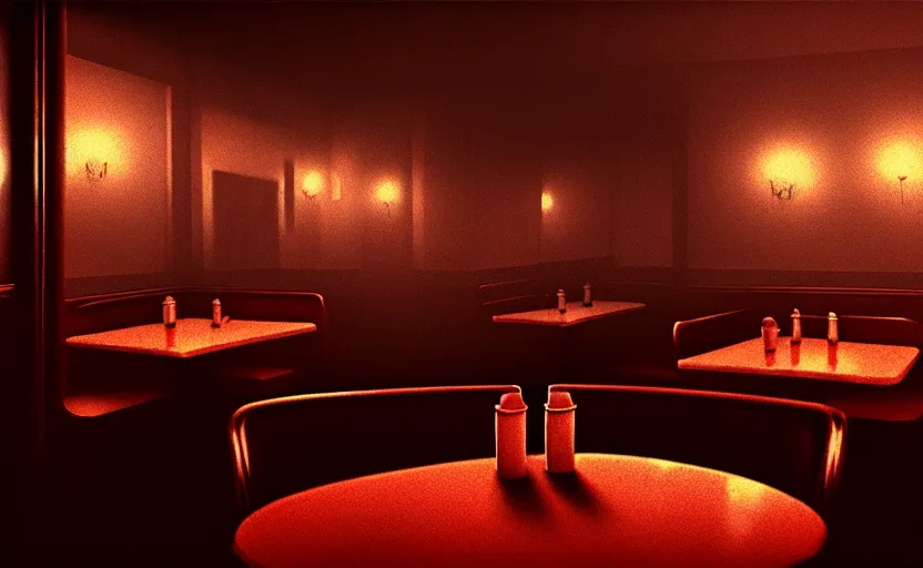 Image similar to diner, horror scene, dim lighting, eerie atmosphere, 1950-s, intricate, detailed, photorealistic imagery, artstation