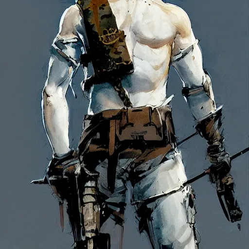 Prompt: cinematic portrait of a young white hero using his right arm to hold his sword covering his eye by yoji shinkawa, high quality, extra details, realism, ornate, colored, golden chain, blood, white skin, short hair, brown eyes, vivid, sunlight, dynamic, american man, freedom, white american soldier, painting, cybernetics, military