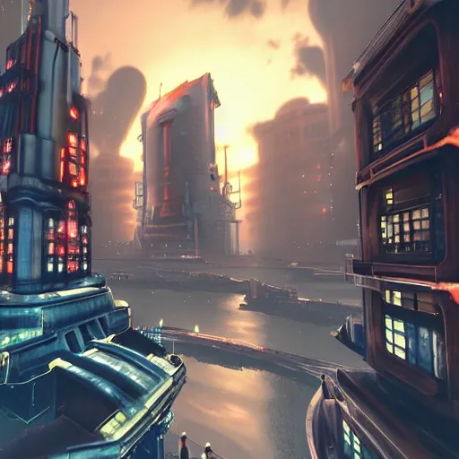 Image similar to beautiful scary futuristic city in the style of a bioshock infinite screenshot