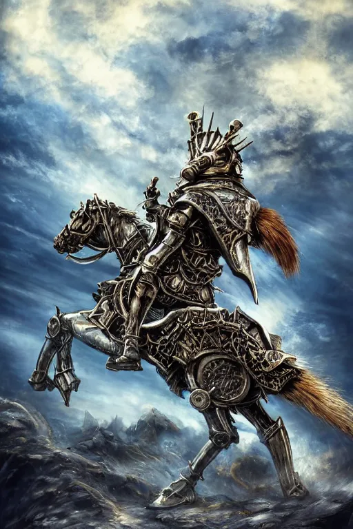 Image similar to a full body shot of an azure knight riding a mechanical steampunk horse across the sky by Kentaro Miura, Wolf themed armour, moonlit, colored by Ronda Pattison, heavy armor, blue flame trail, dark colors, highly detailed, trending on artstation, CGsociety, exquisite detail, post-processing, masterpiece, volumetric lighting, cinematic, hypermaximalistic, high details, cinematic, 8k resolution, beautiful detailed, insanely intricate details