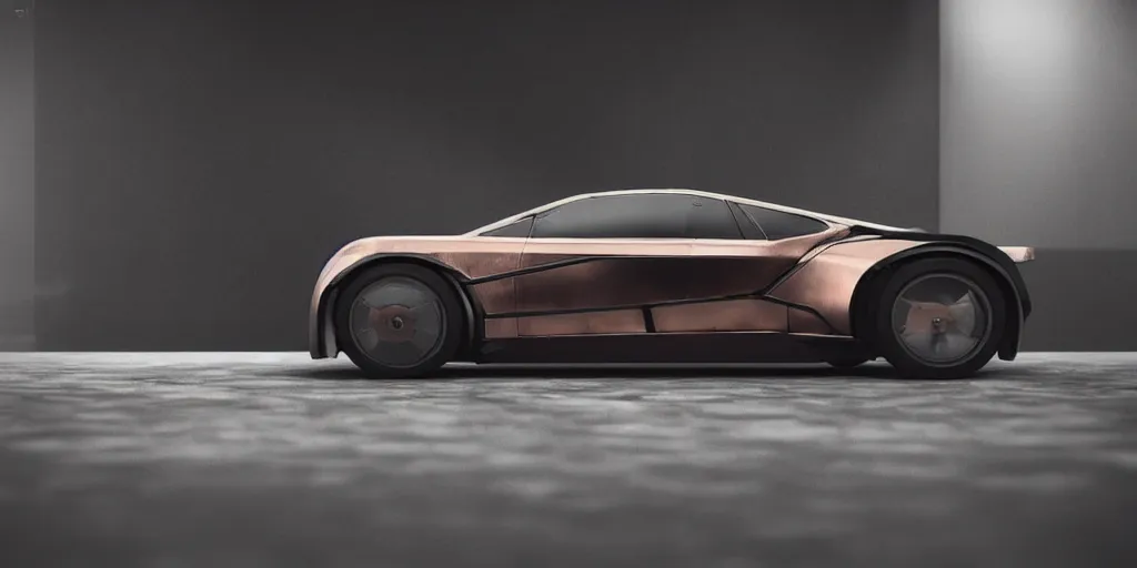 Image similar to a design of a futuristic DMC Delorian, designed by Polestar, blade runner background, stained antique copper car paint, white wheel rims, black windows, sportscar, dark show room, dramatic lighting, hyper realistic render, depth of field