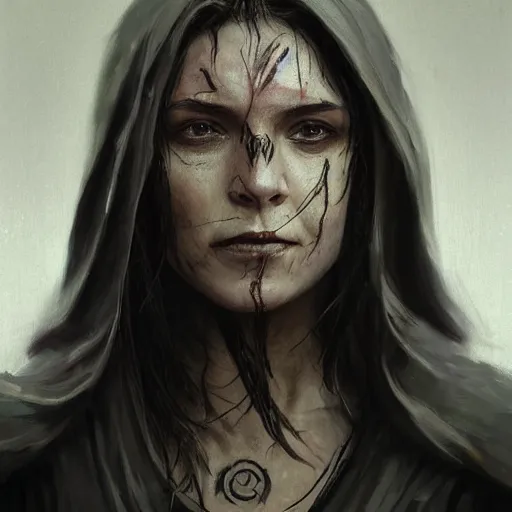 Image similar to portrait of an woman by Greg Rutkowski, she is about 20 years old, pretty, long brown wavy hair, tribal tattoos on her face, scar near her mouth that makes her look like she's smiling all the time, wearing black sith robes, Star Wars Expanded Universe, highly detailed portrait, digital painting, artstation, concept art, smooth, sharp foccus ilustration, Artstation HQ