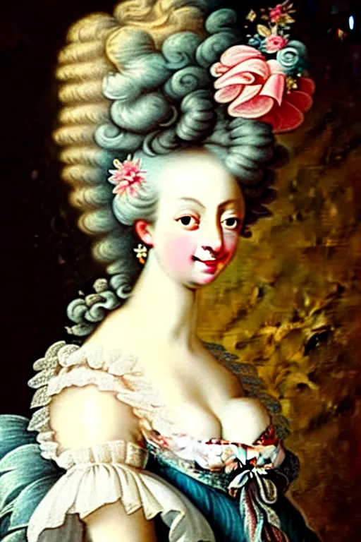 Prompt: madame de pompadour howith her hair piled up high adored with feathers and ribbons, wearing a beatiful 1 8 th century dress with flounces and ribbons, rococo style, francois boucher style, highly detailed, very realistic, painterly style,