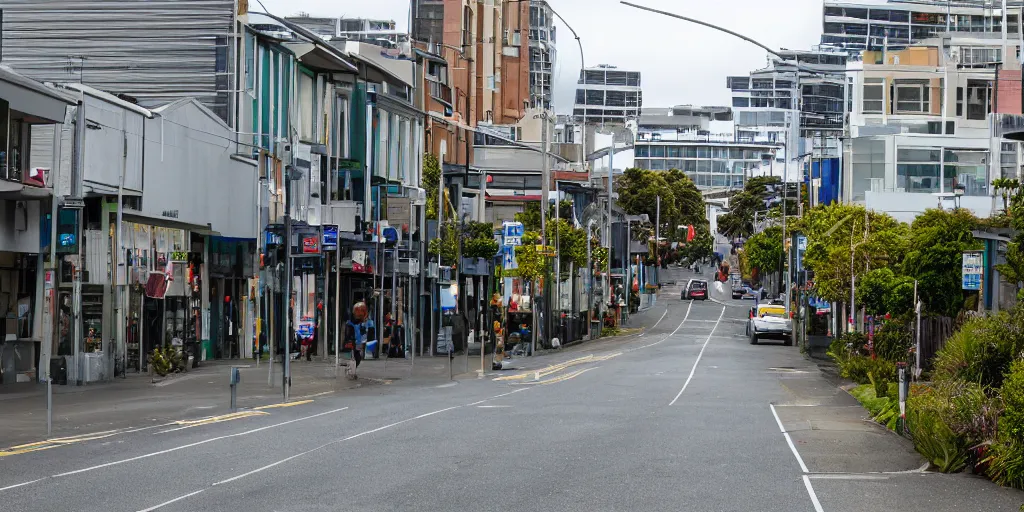 Prompt: a city street in wellington, new zealand but half of the streets have restored wetlands. new zealand flax, raupo