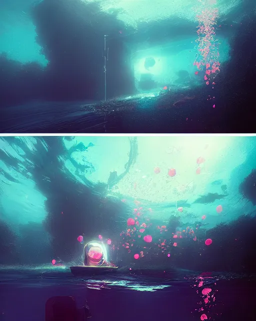 Image similar to emma stone, underwater bubbly scenery, radiant light, ismail inceoglu