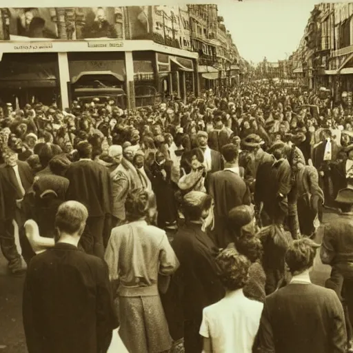 Image similar to a vintage photo of a man with lizard eyes in a crowd of people, old photo, sepia, real photo