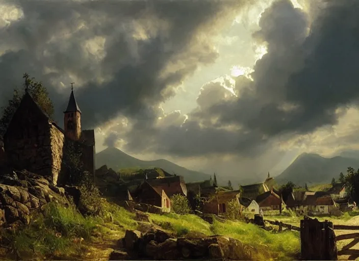 Image similar to oil painting of medieval village and old wooden church, stone walls, in dawn by anders zorn, wonderful art by greg rutkowski, incredible lighting, shadows, beautiful cinematic light, american romanticism by greg manchess, tall rocky mountains and storm clouds, sun rays, sunshine, bright sunny summer day