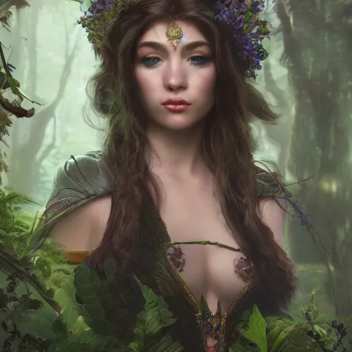 Image similar to Beautiful art portrait of a female fantasy sorceress in a dark mystical fantasy temple surrounded by lush spring time forest ,masterpiece, trending on artstation unreal 5, DAZ, hyperrealistic, octane render, dungeons and dragons, dynamic lighting