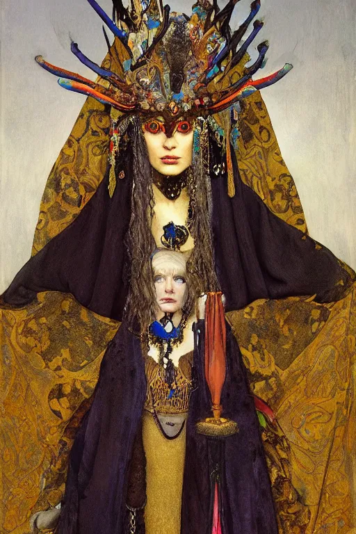 Image similar to portrait of the queen of crows, by Donato Giancola and John Bauer and Vermeer, embroidered velvet, iridescent beetles, rich color, ornate headdress, flowing robes, sacred artifacts, lost civilizations,featured on Artstation, cgisociety, unreal engine, extremely detailed