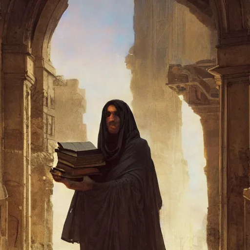 Image similar to half portait of magican wearing a closed cowl and big old book! chained to the wrist, jeremy mann, jean leon gerome, tiepolo, alphonse mucha, greg rutkowski, face in the shadows, ( ( ruins of ancient rome ) ), at dusk, mysterious atmosphere, sunrays, dof, high detailed, 8 k