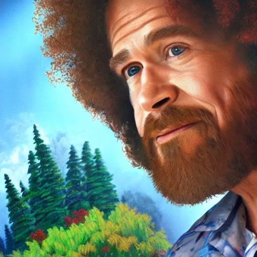 Prompt: a closeup photorealistic photograph of bob ross working on a canvas painting of iron man with happy trees. film still, vibrant colors. this 4 k hd image is trending on artstation, featured on behance, well - rendered, extra crisp, features intricate detail, epic composition and the style of unreal engine.