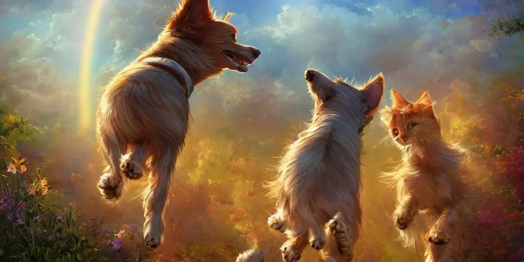 Prompt: dogs running happily towards their owners at the rainbow bridge, tall golden heavenly gates, two cats relax patiently, amazing, stunning artwork, featured on artstation, cgosciety, behance