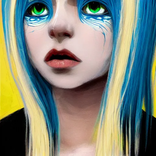 Prompt: profile shot of rimuru tempest, sky blue straight hair, long bangs, gold eyes, amber irises, wearing a black jacket with white stripes, high collar, ultra detailed, wild brush strokes, digital painting, cinematic, wlop, pixiv, color block, eerie, scary, yoshitaka amano, ilya kuvshinov, andy warhol