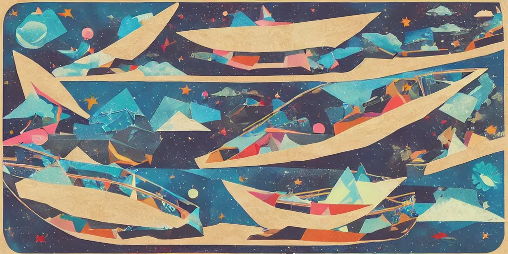 Image similar to river stars galaxy boat mountain phone car, collage artwork, mid-century modern, made of random shapes cut from magazines