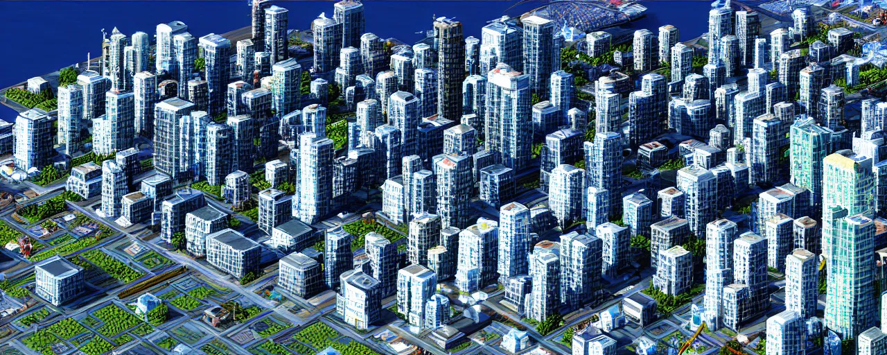 Image similar to vancouver as sim city, tilt shift, volumetric lighting, computer graphics, extremely detailed