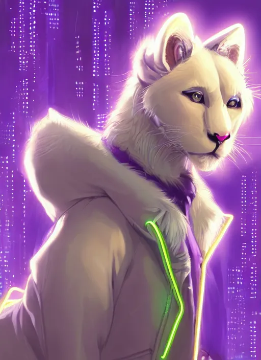 Prompt: award winning beautiful portrait commission of a male furry anthro albino mountain lion fursona with a tail and a cute beautiful attractive detailed furry face wearing stylish cyberpunk clothes in a cyberpunk city at night while it rains. Purple and Yellow neon light. Character design by charlie bowater, ross tran, artgerm, and makoto shinkai, detailed, inked, western comic book art