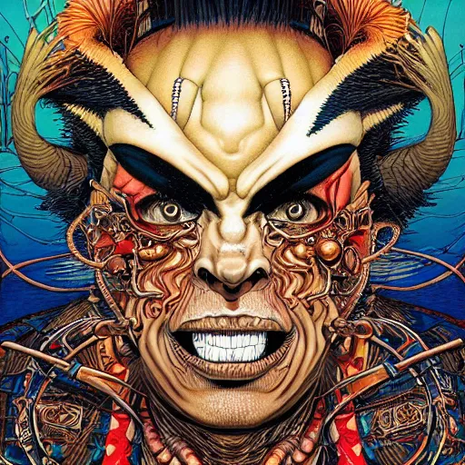 Image similar to portrait of crazy tribal man, symmetrical, by yoichi hatakenaka, masamune shirow, josan gonzales and dan mumford, ayami kojima, takato yamamoto, barclay shaw, karol bak, yukito kishiro