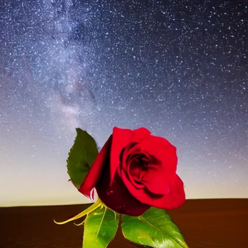 Image similar to a red rose is growing in the middle of the desert. beautiful starry sky can be seen in the background. 8 5 mm shot.