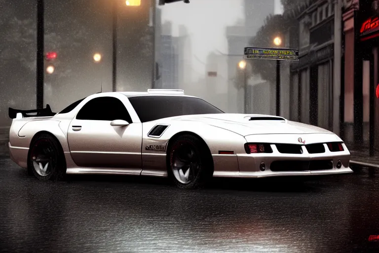 Image similar to hyperdetailed, photorealistic photograph of a 2 0 0 2 pontiac firebird trans - am drifting in the streets, rain, night, dense fog, hd, unreal engine 5 by greg rutowski, by stanley artgerm, by alphonse mucha