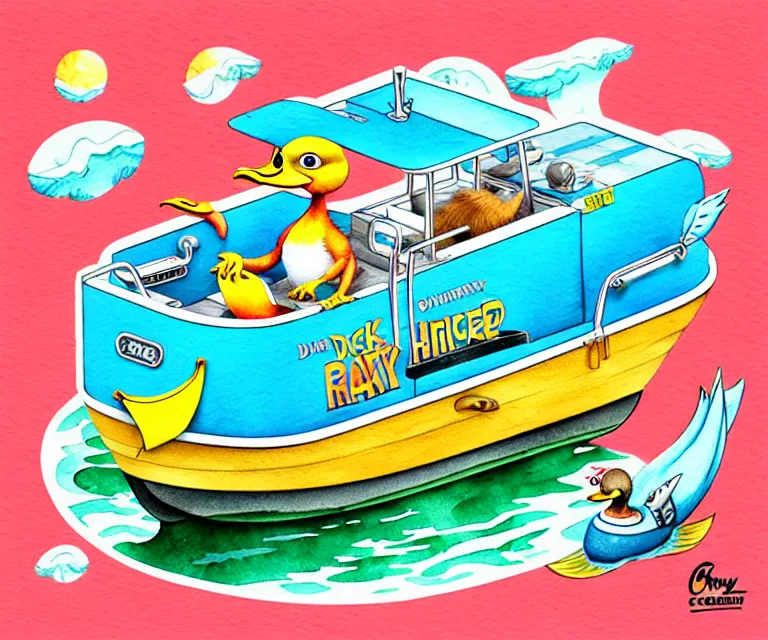 Prompt: cute and funny, duck driving a tiny ferry boat, ratfink style by ed roth, centered award winning watercolor pen illustration, isometric illustration by chihiro iwasaki, edited by craola, tiny details by artgerm and watercolor girl, symmetrically isometrically centered