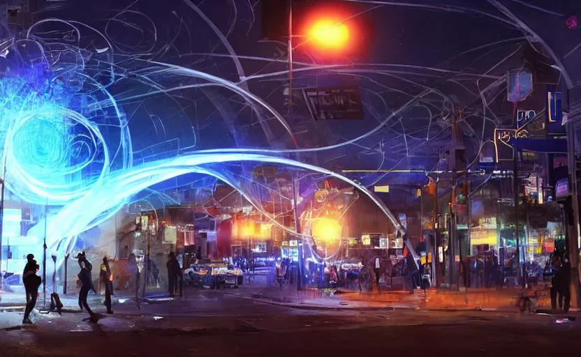 Prompt: people with posters attacking cops in front a huge blue spiral - shaped bright white luminous attractor that is floating and stores in los angeles with light screens all over the street, concept art, art for the game, professional lighting, night lighting from streetlights