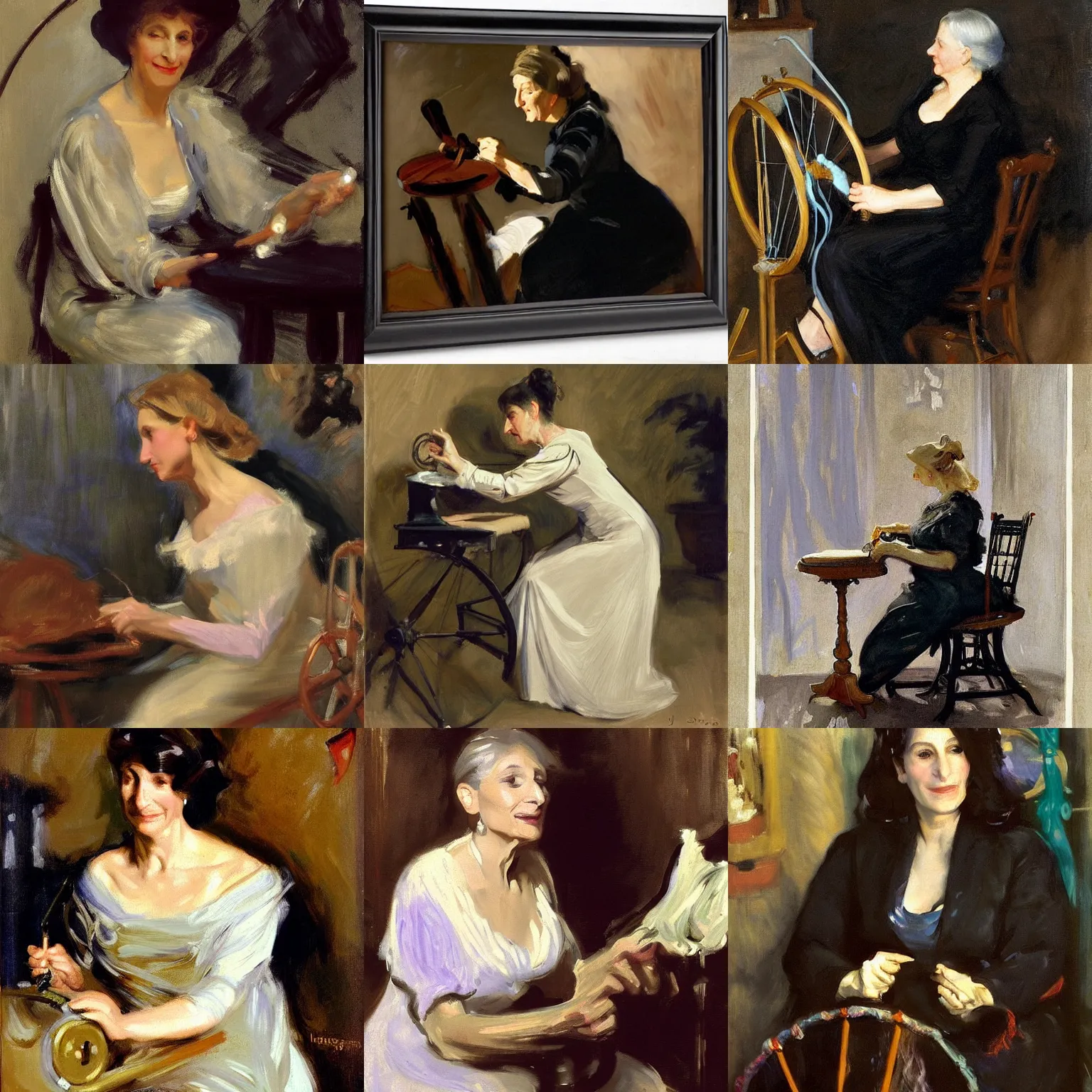 Prompt: A 50 year old woman who looks like Barbara Streisand is spinning yarn on a spinning wheel, by john singer sargent
