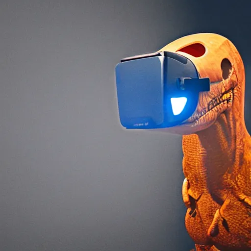 Image similar to Low quality Photograph of a Dinosaur wearing a VR headset