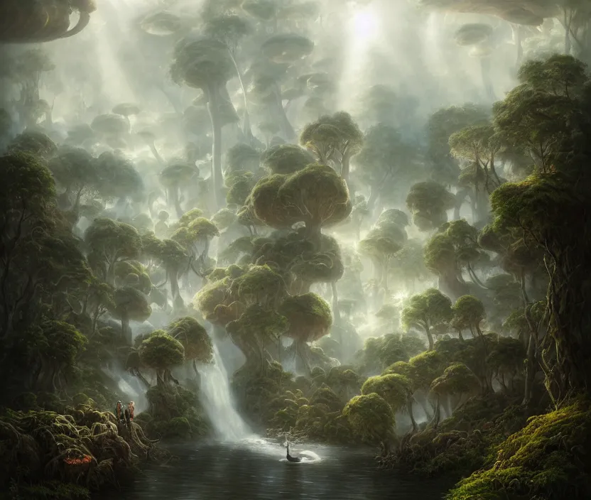 Image similar to floating lands in-clouds, foggy, volumetric fog, sun beams, blooming, bird flocks!!, giant mushrooms, giant roots wrapped lands, waterfalls, flying whales; by Tom Bagshaw, Ivan Shishkin, Hans Thoma, Asher Brown Durand