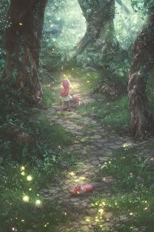 Image similar to forest path, fairy, beautiful ancient trees, hiding large treasure chest, glowing fireflies, serene evening atmosphere, soft lens, soft light, cel - shading, animation, in the style of cgsociety, deviantart, artstation, zbrush, cinema 4 d, studio ghibli, akihiko yoshida, atelier lulua, masamune shirow